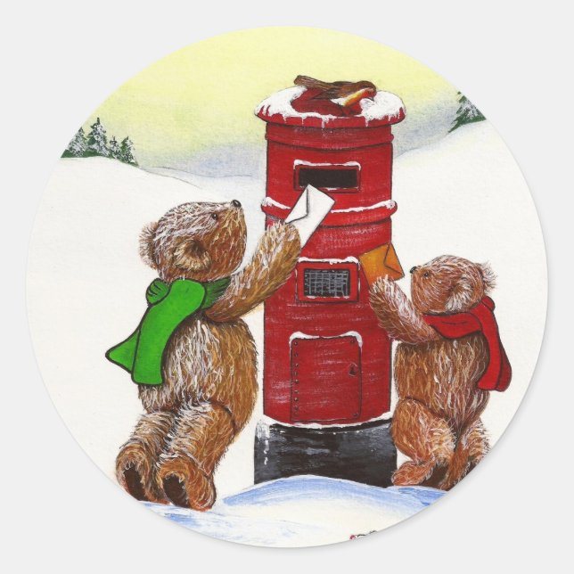 Teddy Bear Christmas Card Classic Round Sticker (Front)