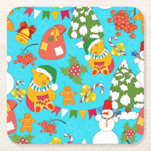 Teddy Bear Christmas: Kid-Friendly Pattern. Square Paper Coaster