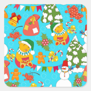 Teddy Bear Christmas: Kid-Friendly Pattern. Square Sticker