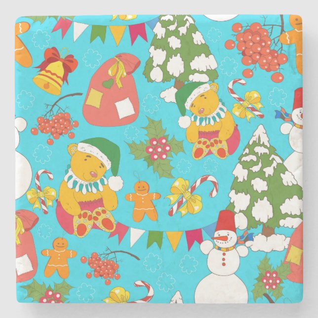 Teddy Bear Christmas: Kid-Friendly Pattern. Stone Coaster (Front)
