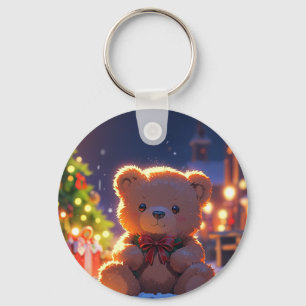 Teddy Bear Christmas Magic in Snowy Village Key Ring