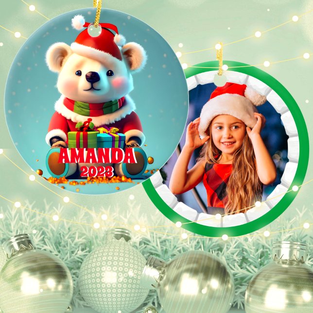 Teddy Bear Christmas Personalised Kids Photo Ceramic Tree Decoration (Creator Uploaded)