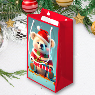 Teddy Bear Christmas Personalised Kids Red Small Gift Bag