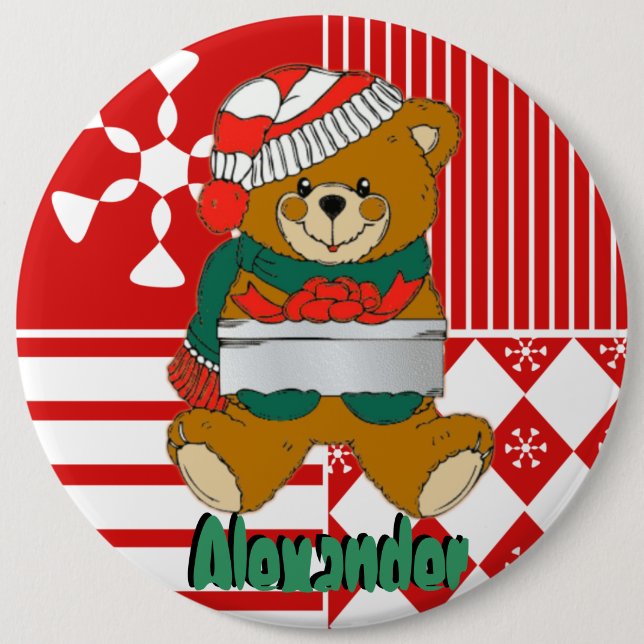 Teddy Bear Christmas Stocking Name Tag Buttons (Front)