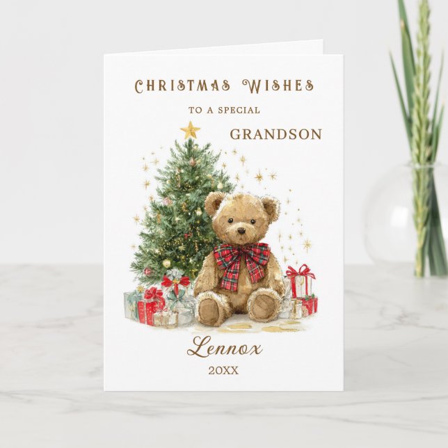 Teddy Bear Christmas Tree Grandson Holiday Card (Front)