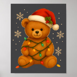Teddy Bear Christmas Tree Lights Santa Hat For Bea Poster