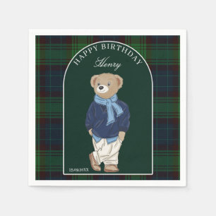 Teddy bear classic plaid birthday party custom napkin
