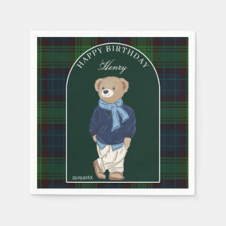 Teddy bear classic plaid birthday party custom napkin
