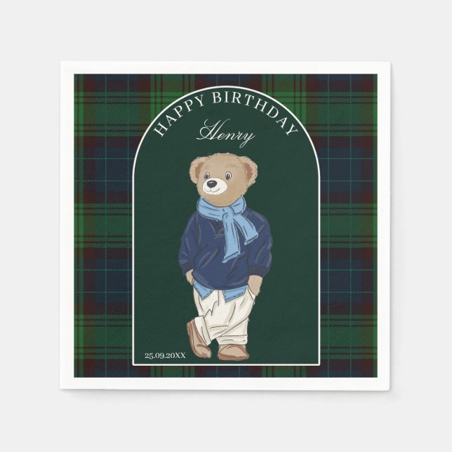 Teddy bear classic plaid birthday party custom napkin (Front)