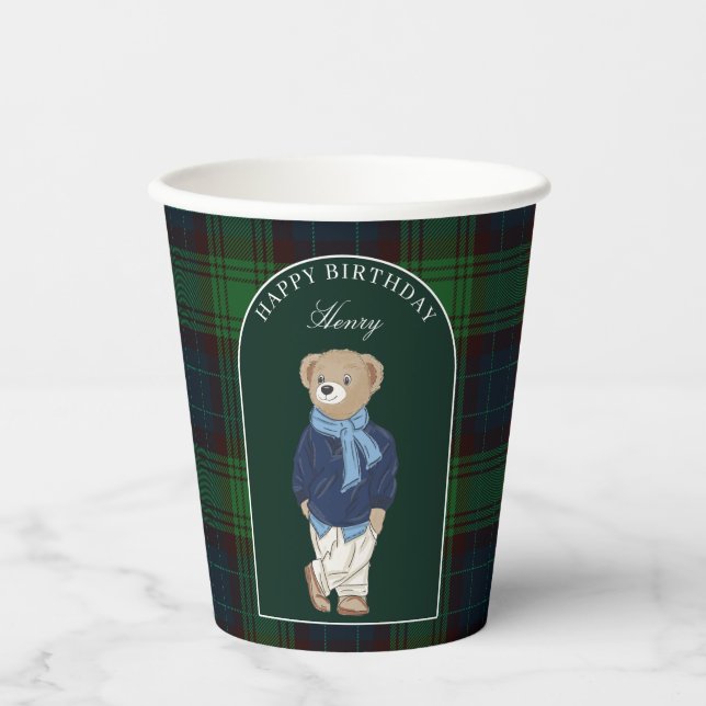 Teddy bear classic plaid birthday party custom paper cups (Front)
