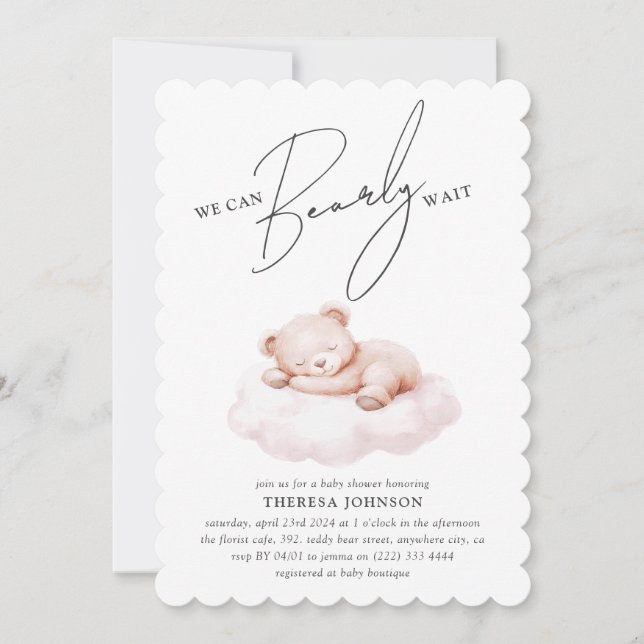 Teddy Bear Cloud Bearly Wait Girl Baby Shower Invitation (Front)