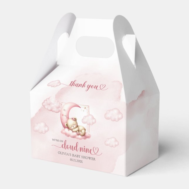 Teddy bear cloud nine pink girl baby shower favour box (Front Side)
