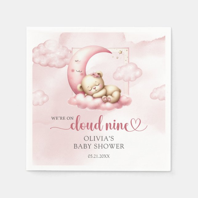 Teddy bear cloud nine pink girl baby shower napkin (Front)