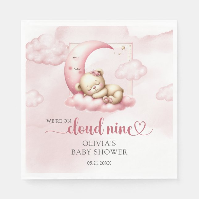 Teddy bear cloud nine pink girl baby shower napkin (Front)