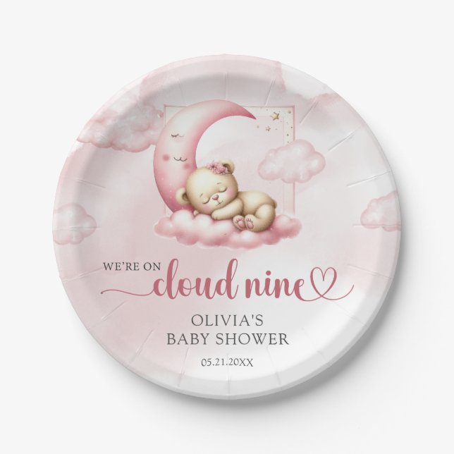 Teddy bear cloud nine pink girl baby shower paper plate (Front)