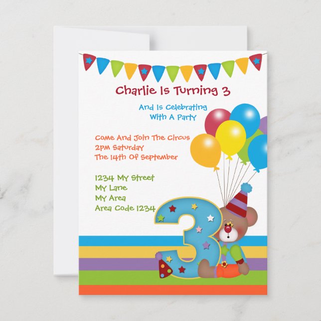 Teddy Bear ClownThird Birthday Party Invitation (Front)