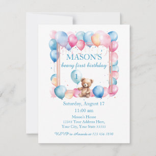 Teddy Bear Colorful Balloon Beary First Birthday Invitation