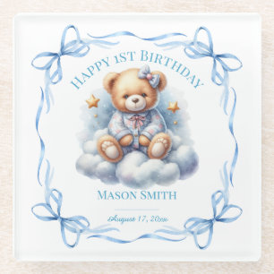 Teddy Bear Colourful Balloon Beary First Birthday Glass Coaster