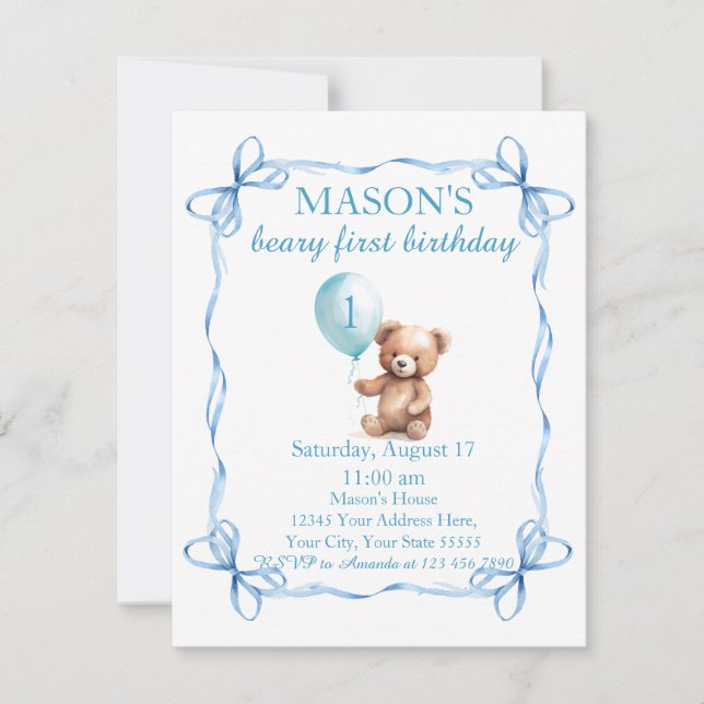 Teddy Bear Colourful Balloon Beary First Birthday  Invitation (Front)