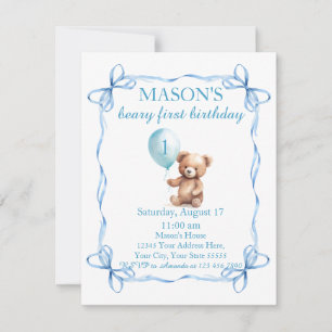 Teddy Bear Colourful Balloon Beary First Birthday Invitation