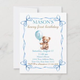 Teddy Bear Colourful Balloon Beary First Birthday Invitation