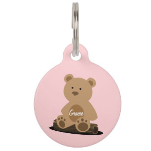 Teddy Bear Coral Pink Personalised Pet ID Tag
