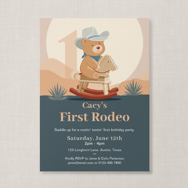 Teddy Bear Cowboy First Rodeo Birthday Invitation (Saddle Up - First Rodeo Birthday Invitation, Front of Card)
