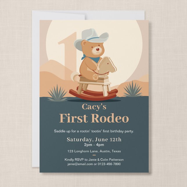 Teddy Bear Cowboy First Rodeo Birthday Invitation (Saddle Up - First Rodeo Birthday Invitation, Front of Card)