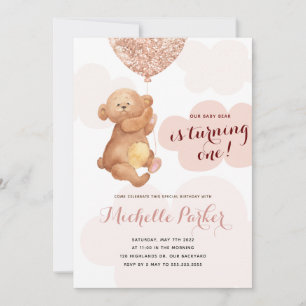 Teddy Bear Cub Pink Clouds 1st Birthday Invitation