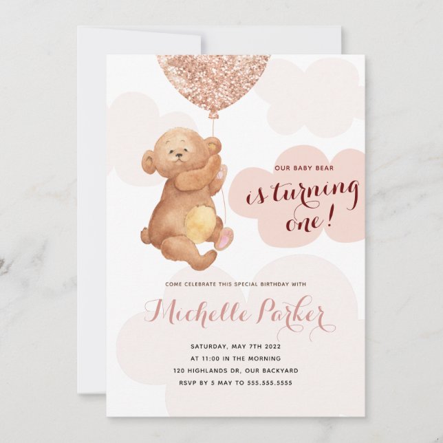 Teddy Bear Cub Pink Clouds 1st Birthday Invitation (Front)