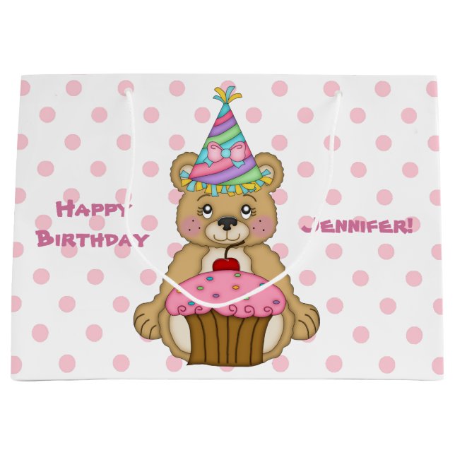 Teddy Bear Cupcake Pink Personalised Large Gift Bag (Front)