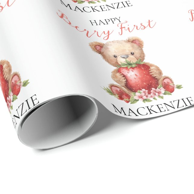 Teddy Bear Custom Name Berry First Birthday Wrapping Paper (Roll Corner)