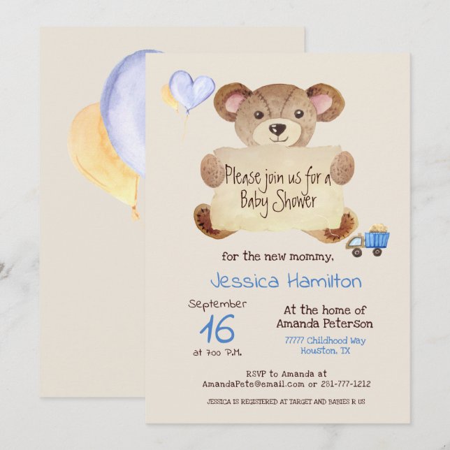 Teddy Bear Cute Adorable Baby Boy Baby Shower Invitation (Front/Back)