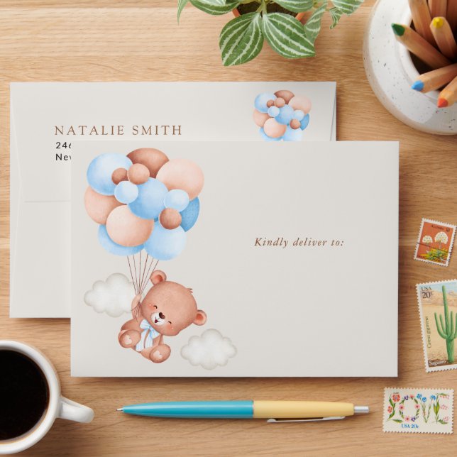 Teddy Bear, Cute Bear, Blue Balloons, Birthday Envelope (Desk)