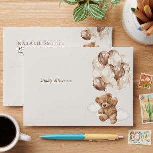 Teddy Bear, Cute Bear, Brown Balloons, Birthday Envelope