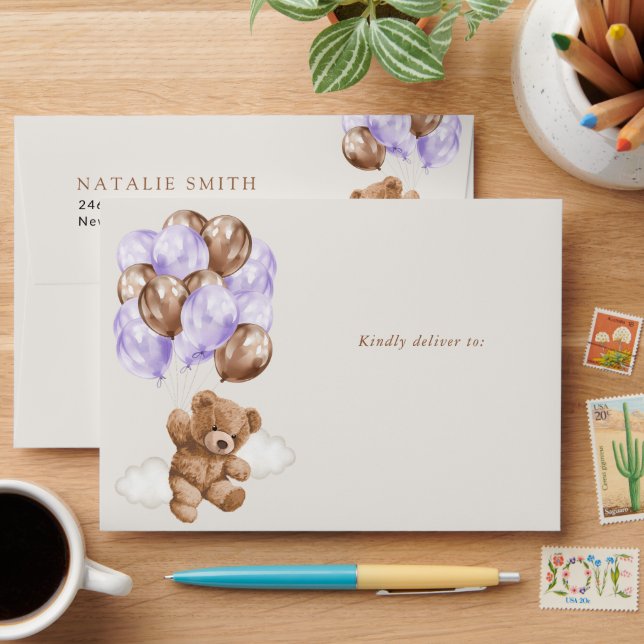 Teddy Bear, Cute Bear, Purple Balloons, Birthday Envelope (Desk)