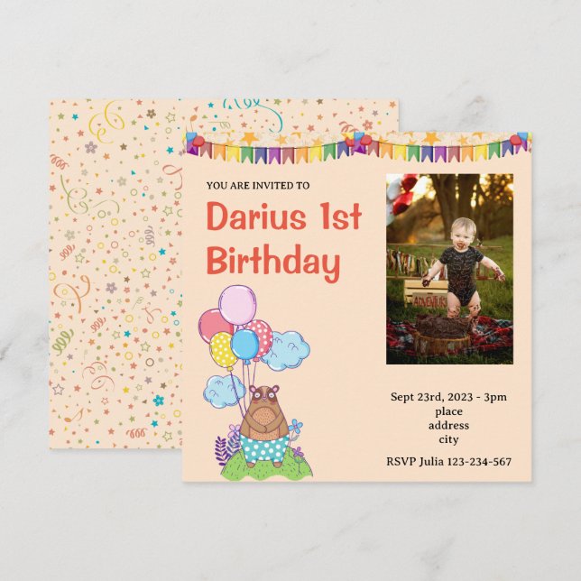 Teddy Bear  Cute First Birthday Photo invitation (Front/Back)