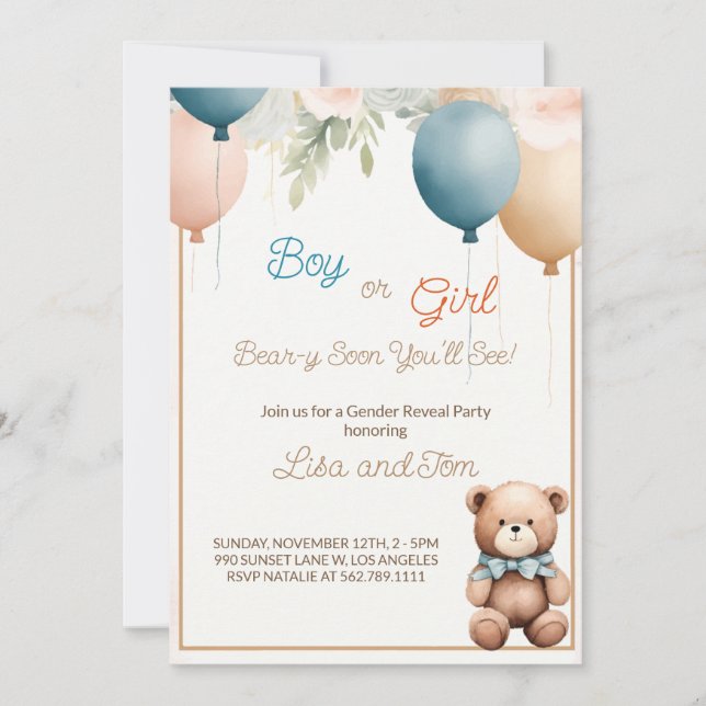Teddy Bear: Cute Gender Reveal Invitation (Front)