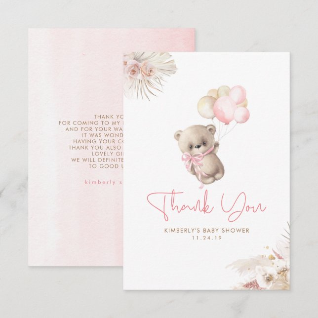 Teddy Bear Cute Girl Baby Shower Thank You Card (Front/Back)