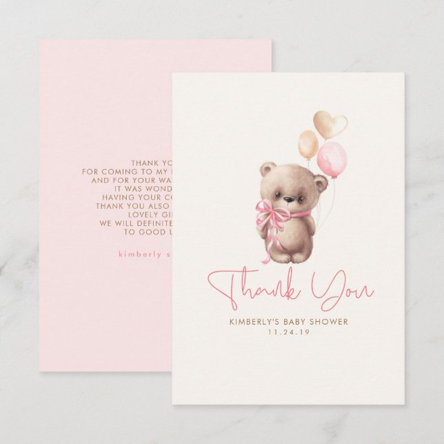 Teddy Bear Cute Girl Baby Shower Thank You Card (Front/Back)