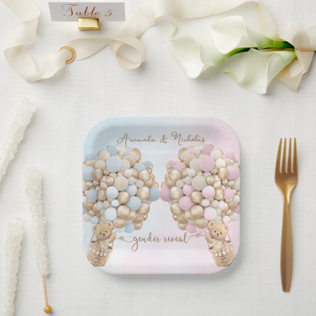 Teddy Bear Cute Pink and Blue Baby Reveal Paper Plate (Wedding)