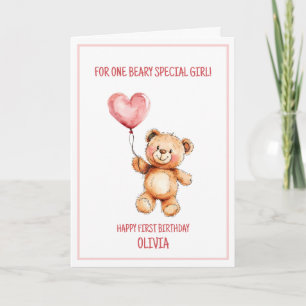 Teddy Bear Cute Pink Balloon Happy 1st Birthday Card