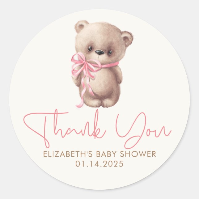 Teddy Bear Cute Pink Brown Baby Shower Thank You Classic Round Sticker (Front)