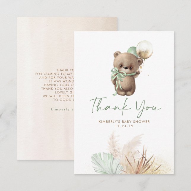 Teddy Bear Cute Sage Green Baby Shower Thank You (Front/Back)