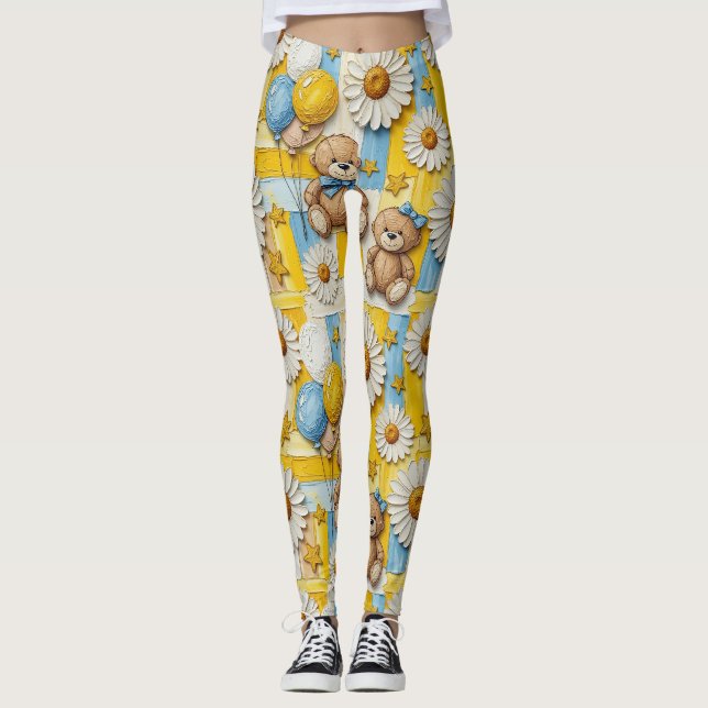 Teddy Bear Daisy Garden Pattern (11) Leggings (Front)