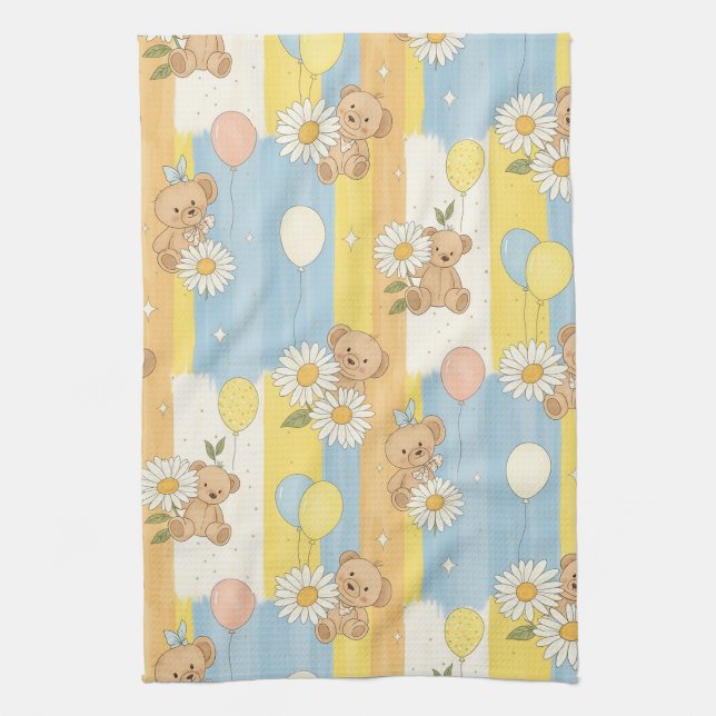 Teddy Bear Daisy Garden Pattern (12) Tea Towel (Vertical)