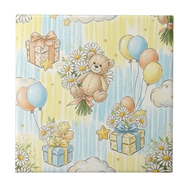 Teddy Bear Daisy Garden Pattern (12) Tile (Front)