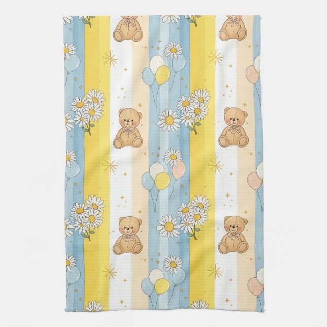 Teddy Bear Daisy Garden Pattern (13) Tea Towel (Vertical)
