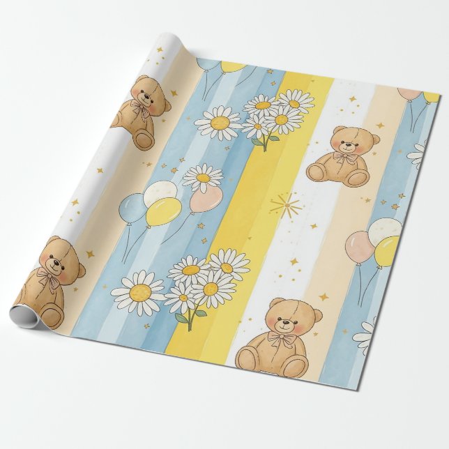 Teddy Bear Daisy Garden Pattern (13) Wrapping Paper (Unrolled)