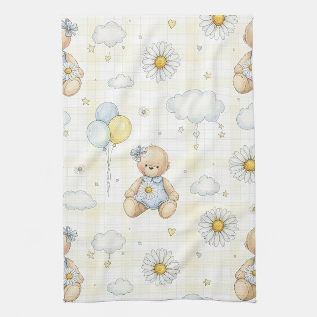 Teddy Bear Daisy Garden Pattern (15) Tea Towel (Vertical)